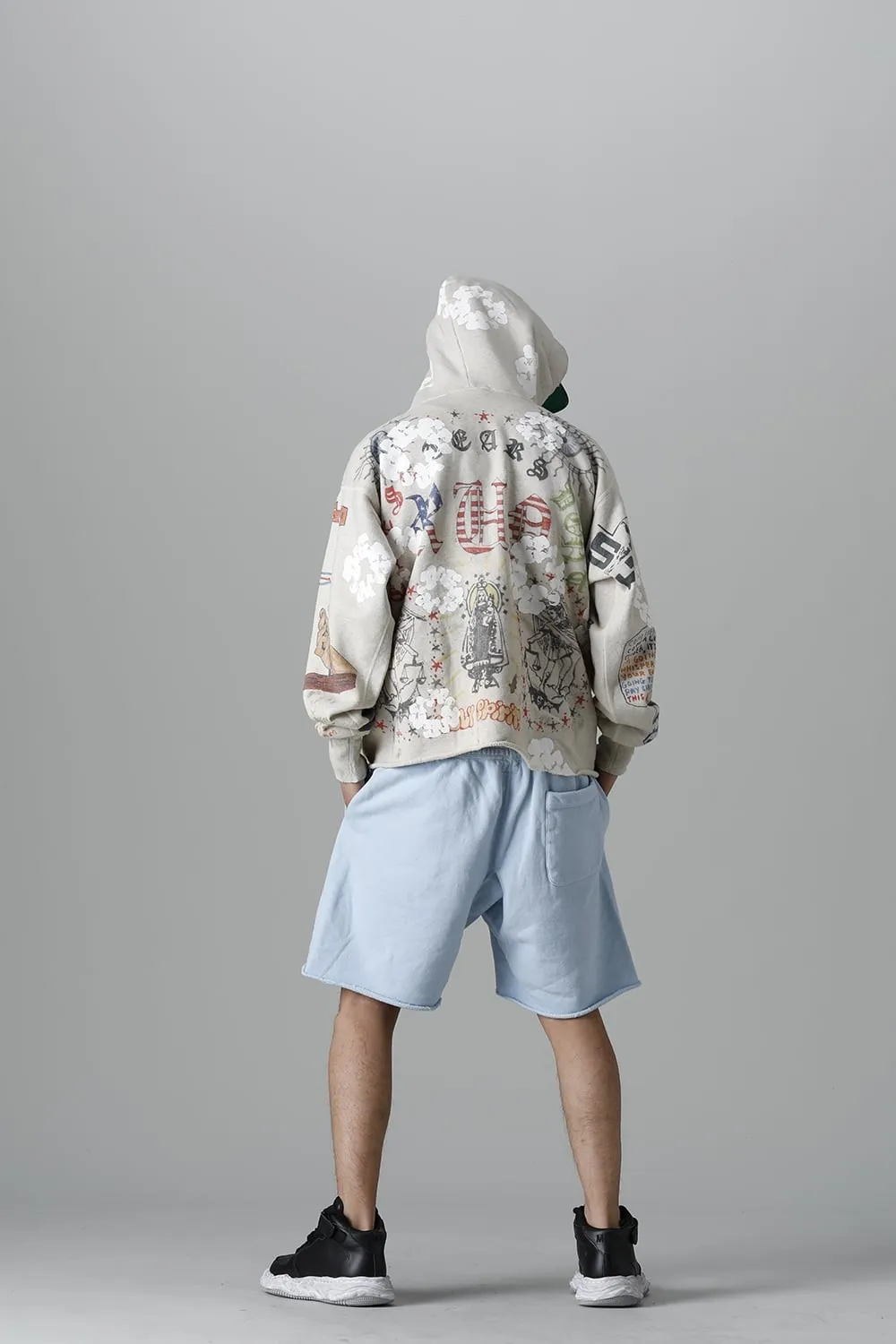 DENIM TEARS × ©SAINT M×××××× "SAINT TEARS" Graffiti Hoodie Joint Model Cotton Graffiti Hoodie Fully Printed Washed Distressed Holes Vintage Sweatshirt Gray S-XL Super Heavy Duty! The whole piece is printed with 35 screens and counterpoint printing!